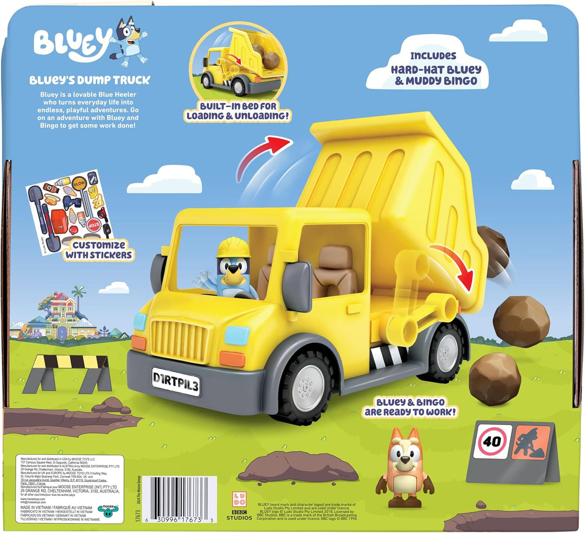Bluey's Dump Truck, with Load and Unload Feature, Get Some Work Done with Exclusive Hard-Hat Bluey and Muddy Bingo