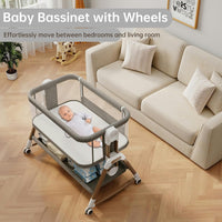 Baby Bassinet Bedside Sleeper with Mattress, 6-Level Height Adjustable Co-Sleeper, Convertible Baby Crib with Breathable Mesh, 360° Wheels & Storage Basket