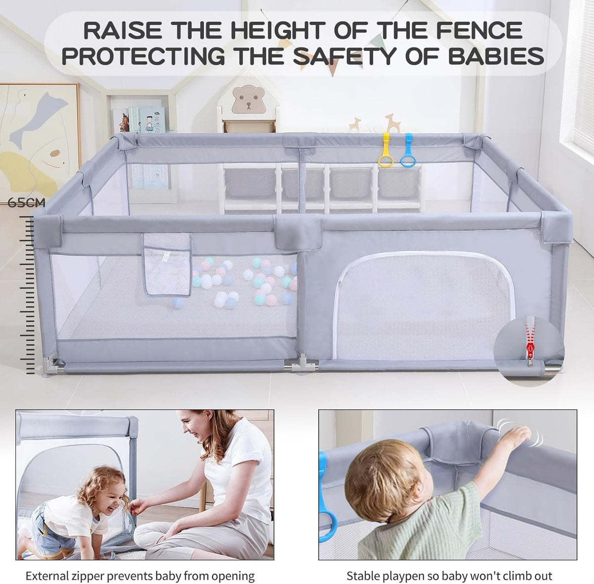 Baby Playpen, Playpens for Babies, Large Playard for Toddlers (Gray, 205 * 185cm)