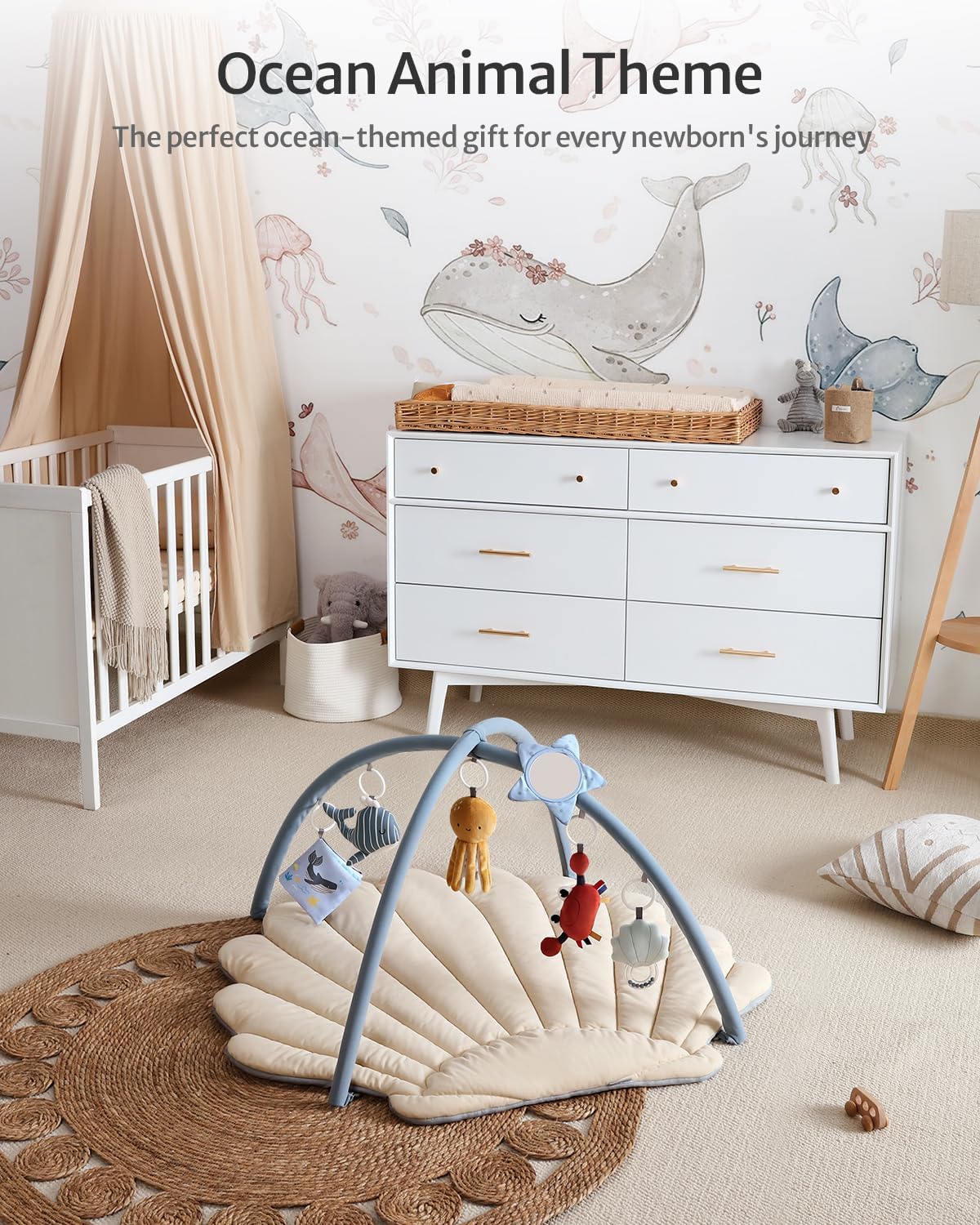 Blissful Diary Shell Baby Play Gym Mat, Softer & Enlarged Tummy Time Mat w 6 Detachable, Boho Ocean Theme