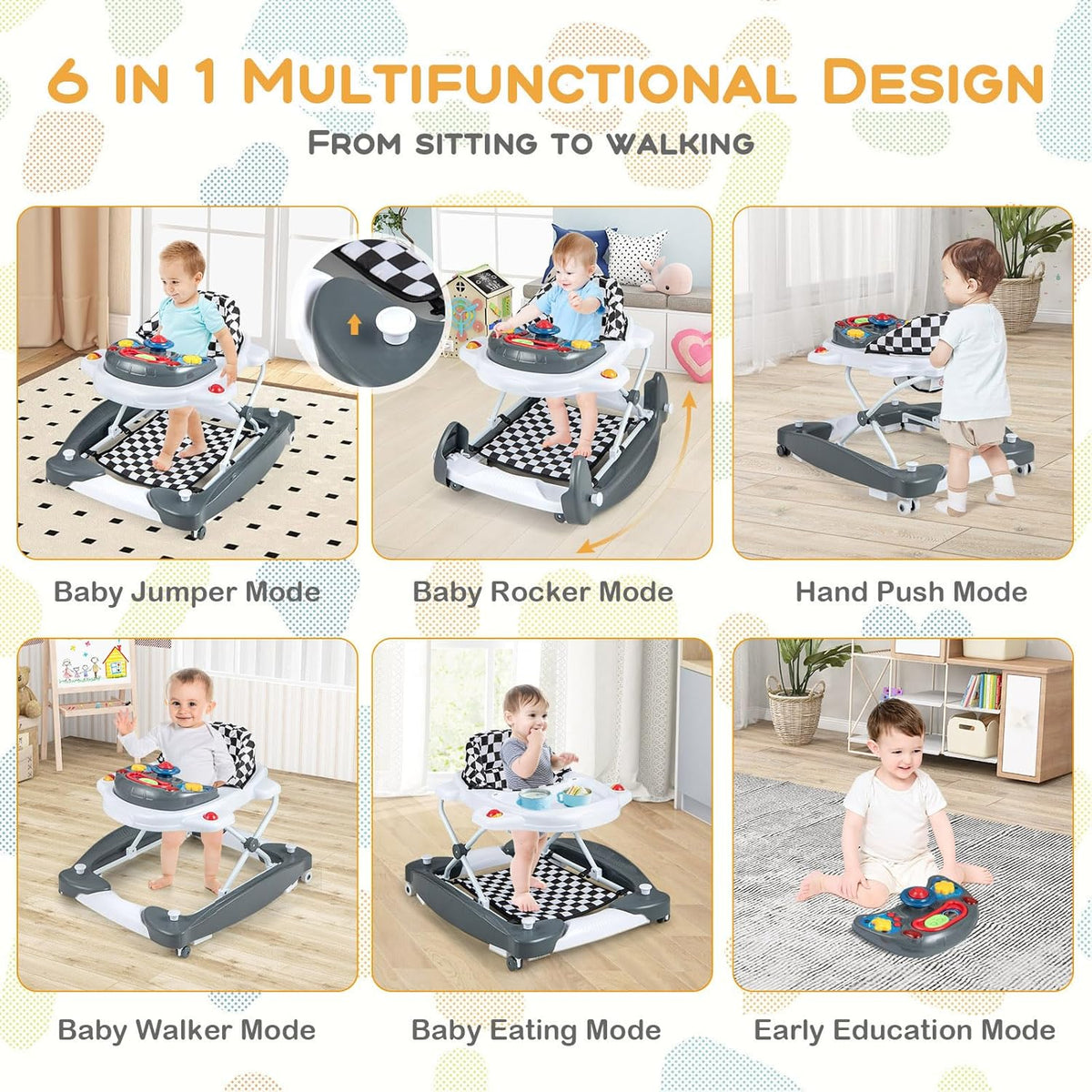 BABY JOY 6 in 1 Baby Walker, Anti-Rollover Toddler Walker & Activity Center w/Adjustable Height, Removable Music Tray & Padded Seat, Foldable Baby Standing Toys w/Wheels for 7-14 Months (Grey)