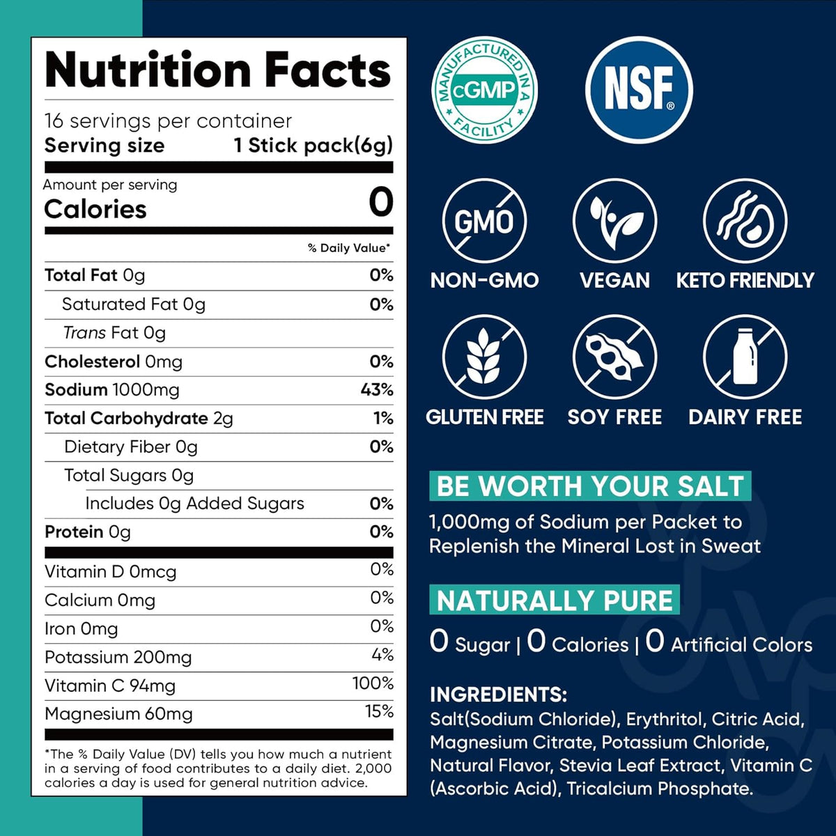 Venture Pal High Sodium Sugar Free Electrolytes Powder Packet - Hydration Packets with Vitamin, Sodium & Potassium | Zero Calories | Vegan, Keto & Paleo Friendly Electrolyte Drink Mix - 30 Sticks