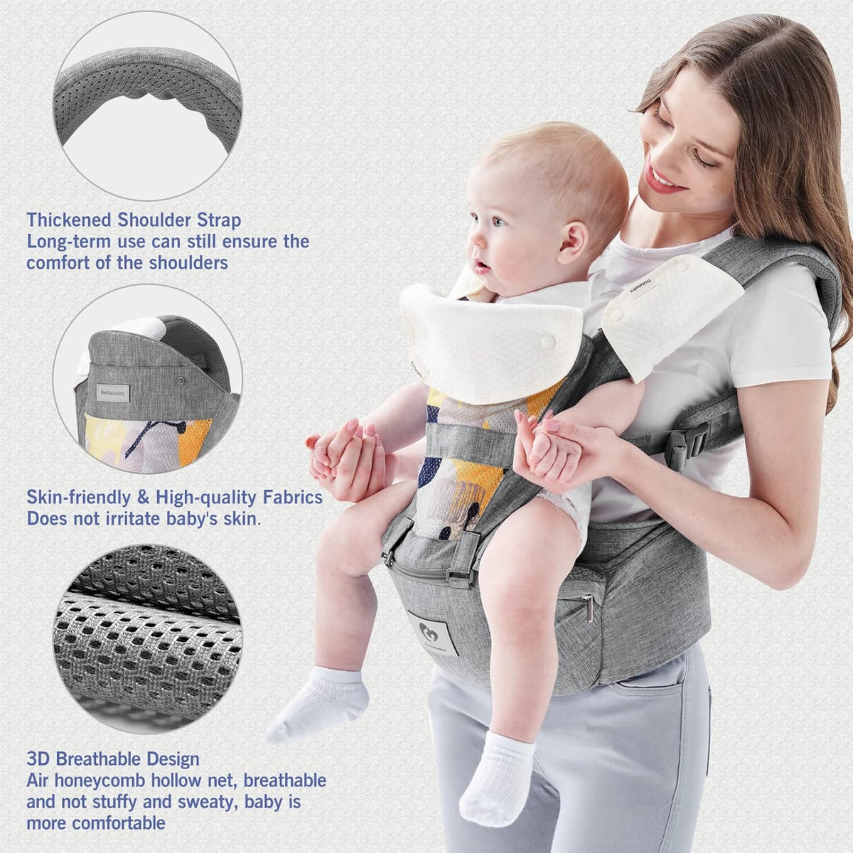 Baby Carrier, Bellababy Multifunction Baby Carrier Hip Seat (Ergonomic M Position) for 3-36 Month Baby, 6-in-1 Ways to Carry, All Seasons, Adjustable Size, Perfect for Shopping Travelling, Grey