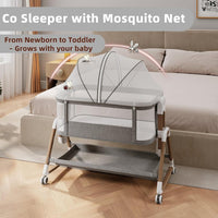 Baby Bassinet Bedside Sleeper with Mattress, 6-Level Height Adjustable Co-Sleeper, Convertible Baby Crib with Breathable Mesh, 360° Wheels & Storage Basket