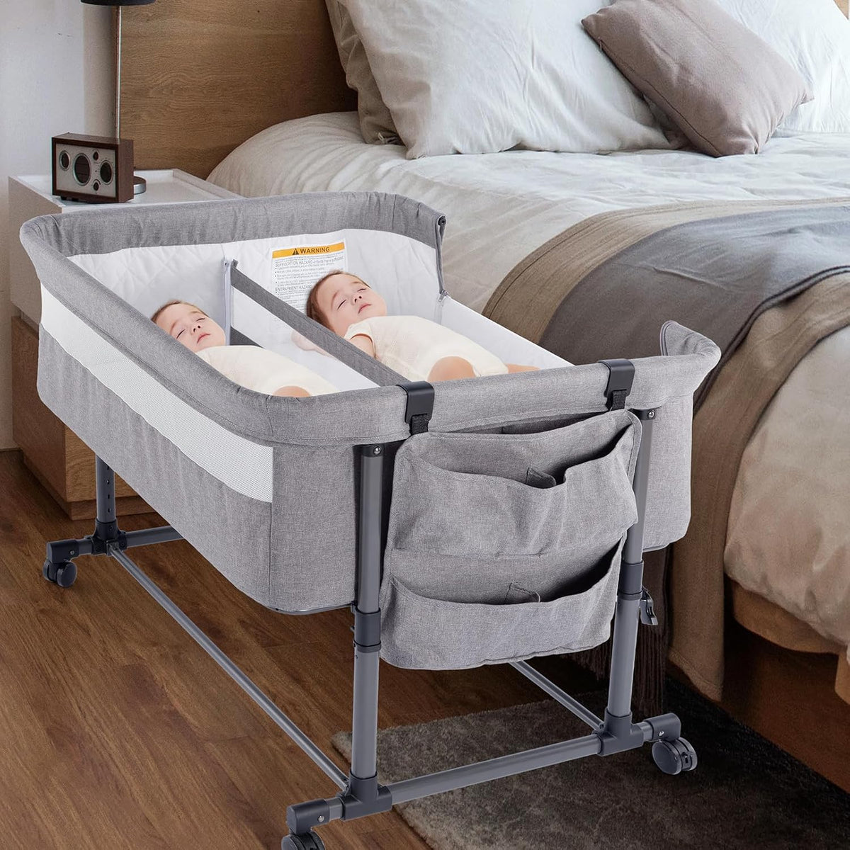 MTWML Twin Bassinet for 2 Babies,Portable Twins Crib with Storage Bag and Replaceable Mattress Cover,Adjustable Height Double Bedside Crib Attaches to Bed with Strap for 0-6 Months Twins Baby Grey