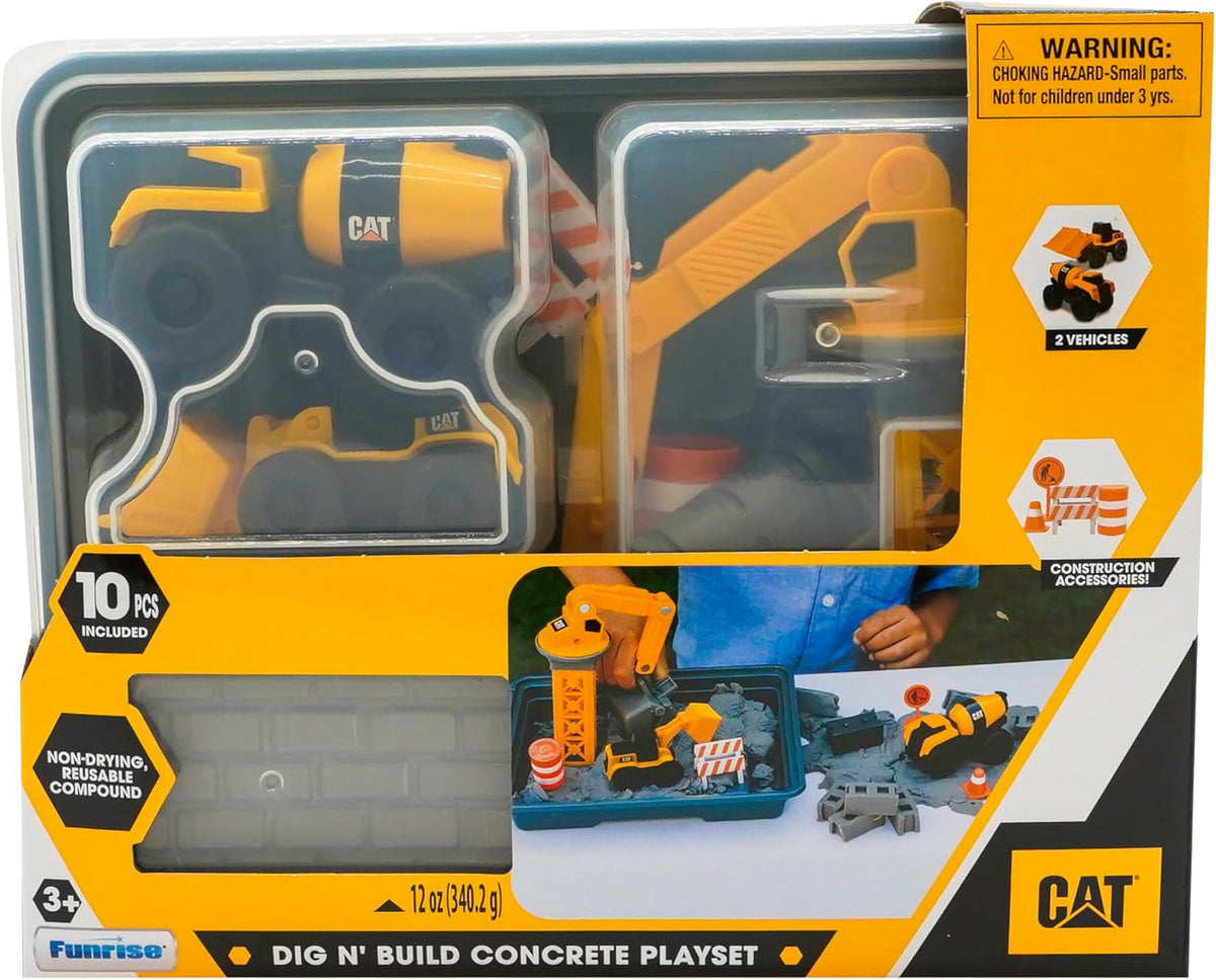 CAT Construction Toys, Dig N' Build Concrete Playset with 12 OZ of Compound - Storage Container