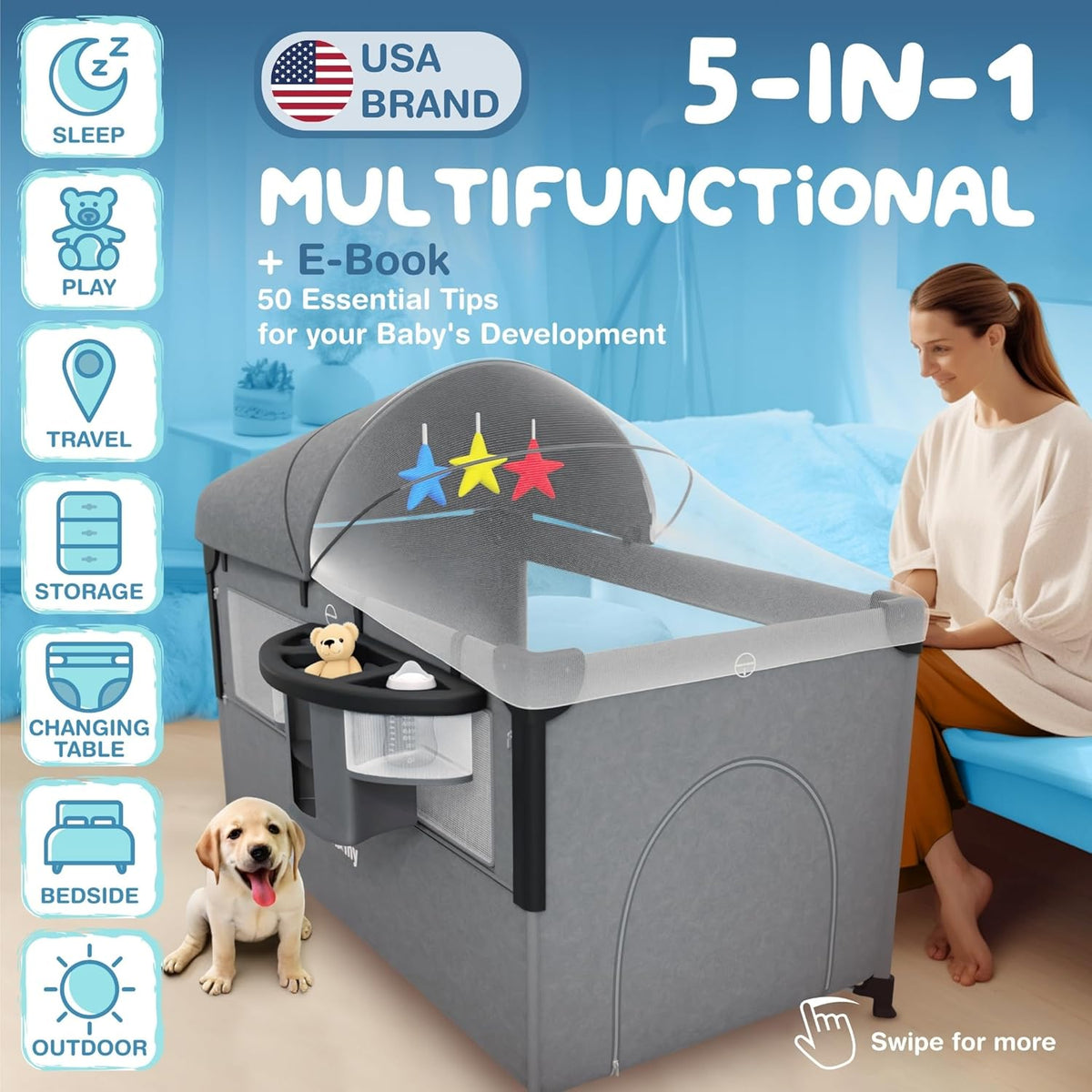 BILAMY® 5 in 1 Baby Bassinet Bedside Sleeper + E-Book | Baby Travel Bed & Bedside Crib with Changing Table, Pack and Play, Sunshade & Mosquito Net (2025 Model)