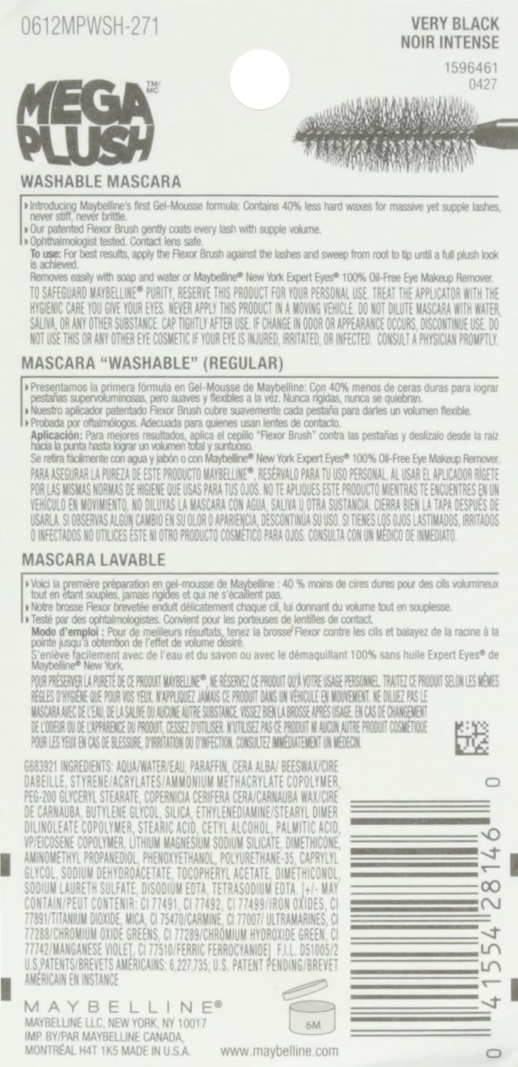 Maybelline New York Volume Express Mega Plush Washable Mascara, Very Black, 0.3 Fluid Ounce