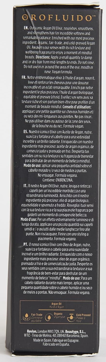 REVLON PROFESSIONAL Orofluido Argan Oil Elixir, 100 ml, Nourishing Leave in Hair Care with Argan Oil, Smoothing Hair Oil for Smooth, Shiny Hair, with Anti Frizz, Vegan