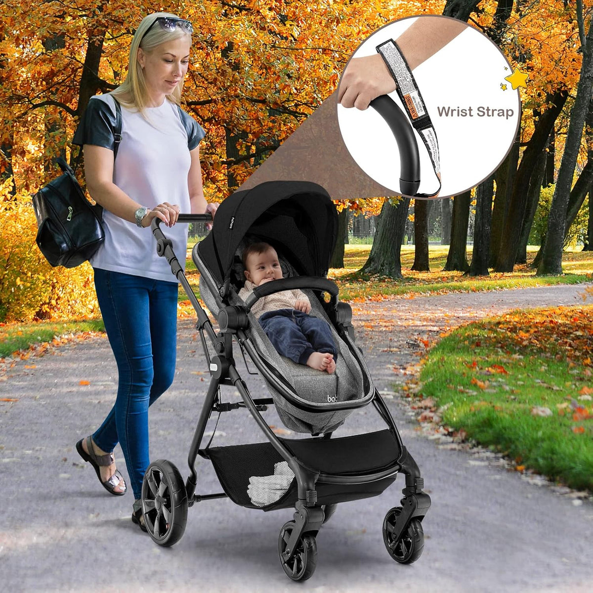 High Landscape Baby Stroller, 2 in 1 Convertible Baby Pram Jogger with Adjustable Canopy (Black)