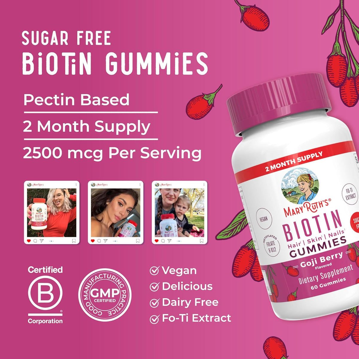 MaryRuth Organics Biotin Gummies | Sugar Free | Vegan | Non-GMO | 2,500 mcg Biotin | 60 Count -USA Made