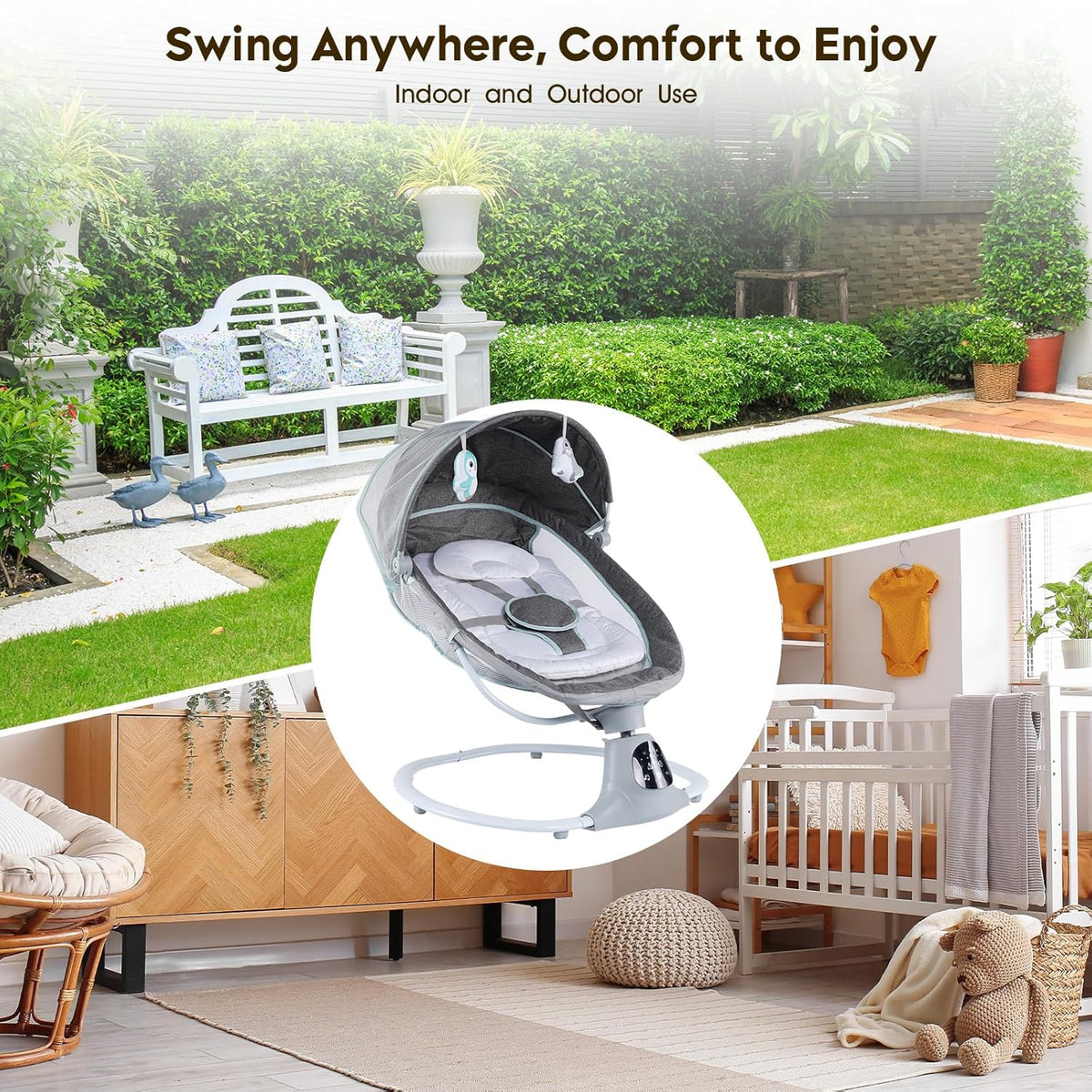 Electric Baby Swing for Infants to Toddler, Portable Swing Baby Rocker with 5 Point Harness, Grey