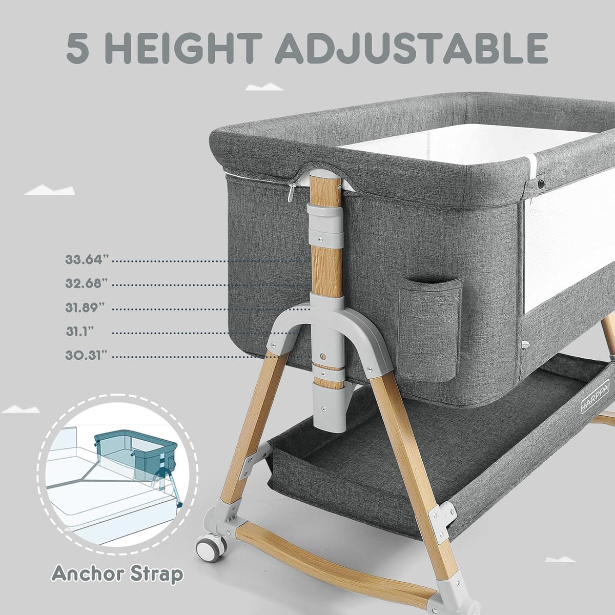 HARPPA Baby Bassinet, Bedside Crib 3 in 1 Bedside Sleeper(Mosquito Net Included), Five-Position Adjustable Bedside Cribs with Mattress for Newborns, Portable Bassinet with Anchor Strap (Grey)
