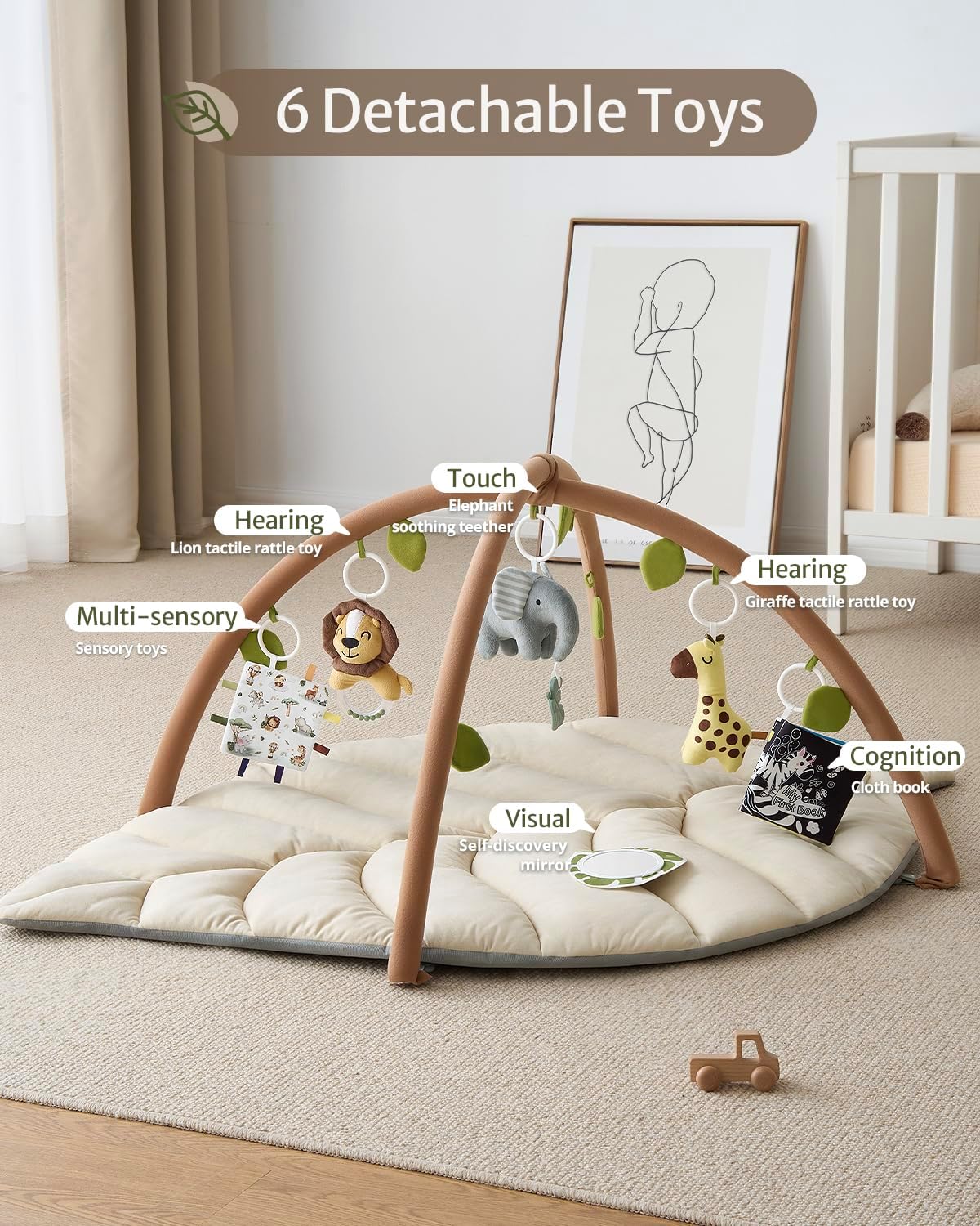 Blissful Diary Baby Play Gym & Activity Mat, Leaf Shaped Baby Tummy Time Play Mat with 6 Detachable Toys, Promotes Motor Skills & Sensory Development, Oatmeal Beige
