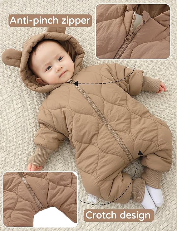 Baby Girls Boys Hooded Winter Snowsuit Warm Fleece Lined Romper Zipper Down Jumpsuit Padded Thick Puffer Clothes