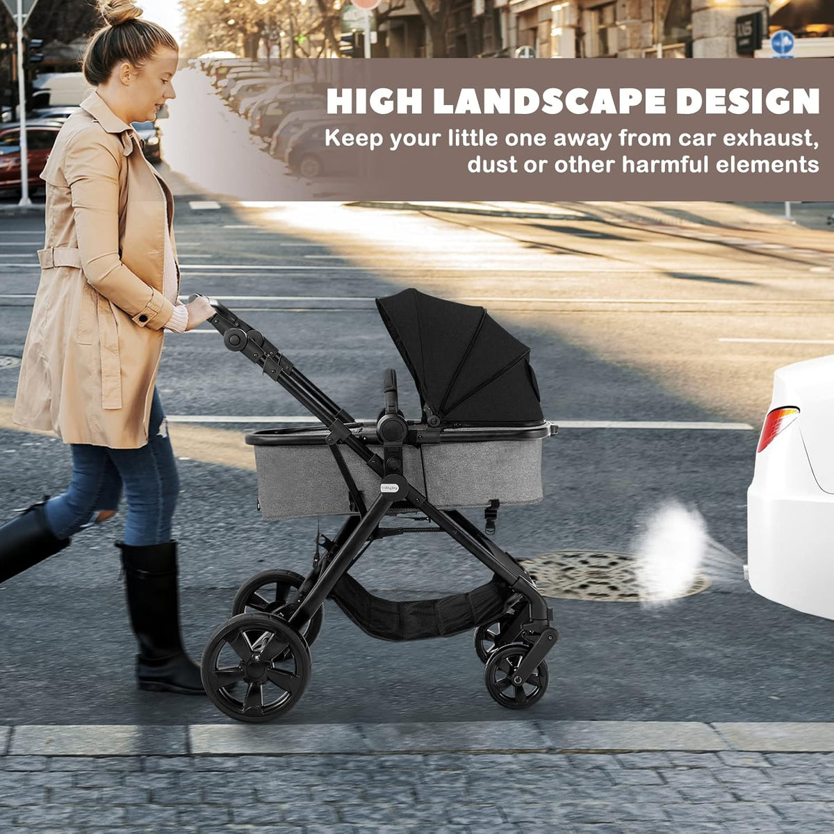 High Landscape Baby Stroller, 2 in 1 Convertible Baby Pram Jogger with Adjustable Canopy (Black)