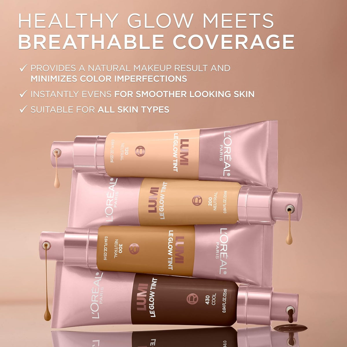 L’Oréal Paris Lumi Le Glow Skin Tint, Lightweight Water-Based Tinted Serum with Foundation-Like Coverage, Glow Illuminator, Neutral 120, 0.85 Fl Oz