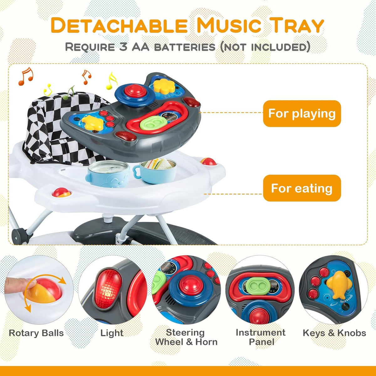 BABY JOY 6 in 1 Baby Walker, Anti-Rollover Toddler Walker & Activity Center w/Adjustable Height, Removable Music Tray & Padded Seat, Foldable Baby Standing Toys w/Wheels for 7-14 Months (Grey)