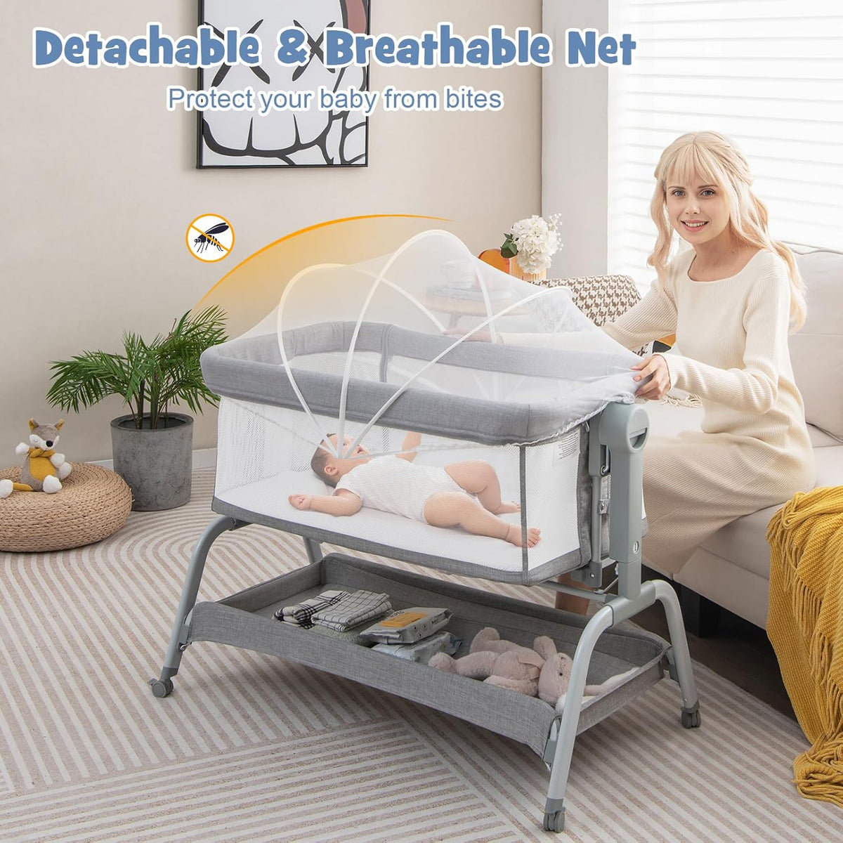 BABY JOY 4 in 1 Baby Bassinet with Mattress, Baby Bedside Sleeper w/Rocking Mode, 6 Adjustable Height, Mosquito Net & Lockable Wheels, Portable Baby Cradle Travel Crib w/Carry Bag (Light Grey)