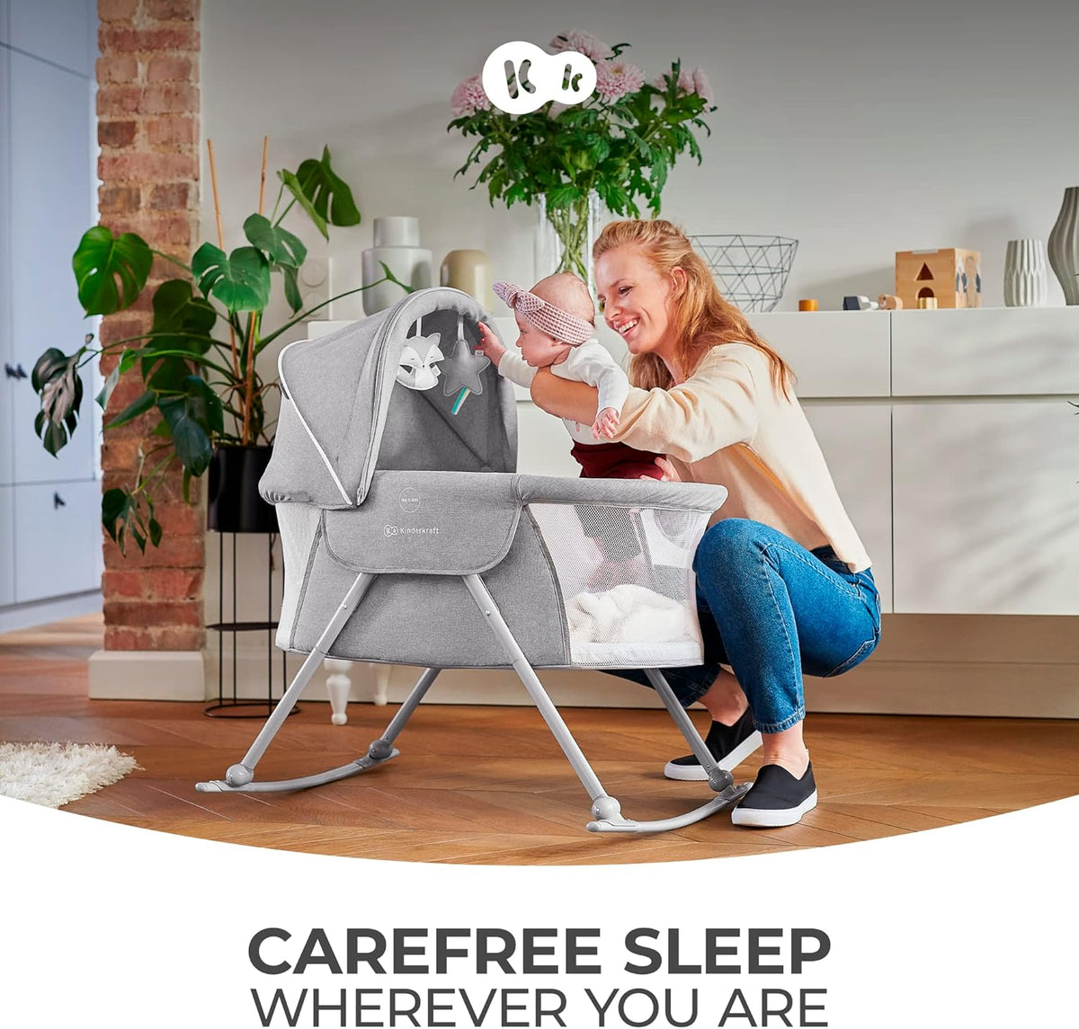 Kinderkraft Baby Crib 3 in 1 LOVI, Cradle, Travel Cot, Rocker, Easy Folding and Unfolding, Adjustable Canopy, with Accessories, Mattress Cover, Included Toys, Transport Bag, for Newborn, 0-9 kg, Gray