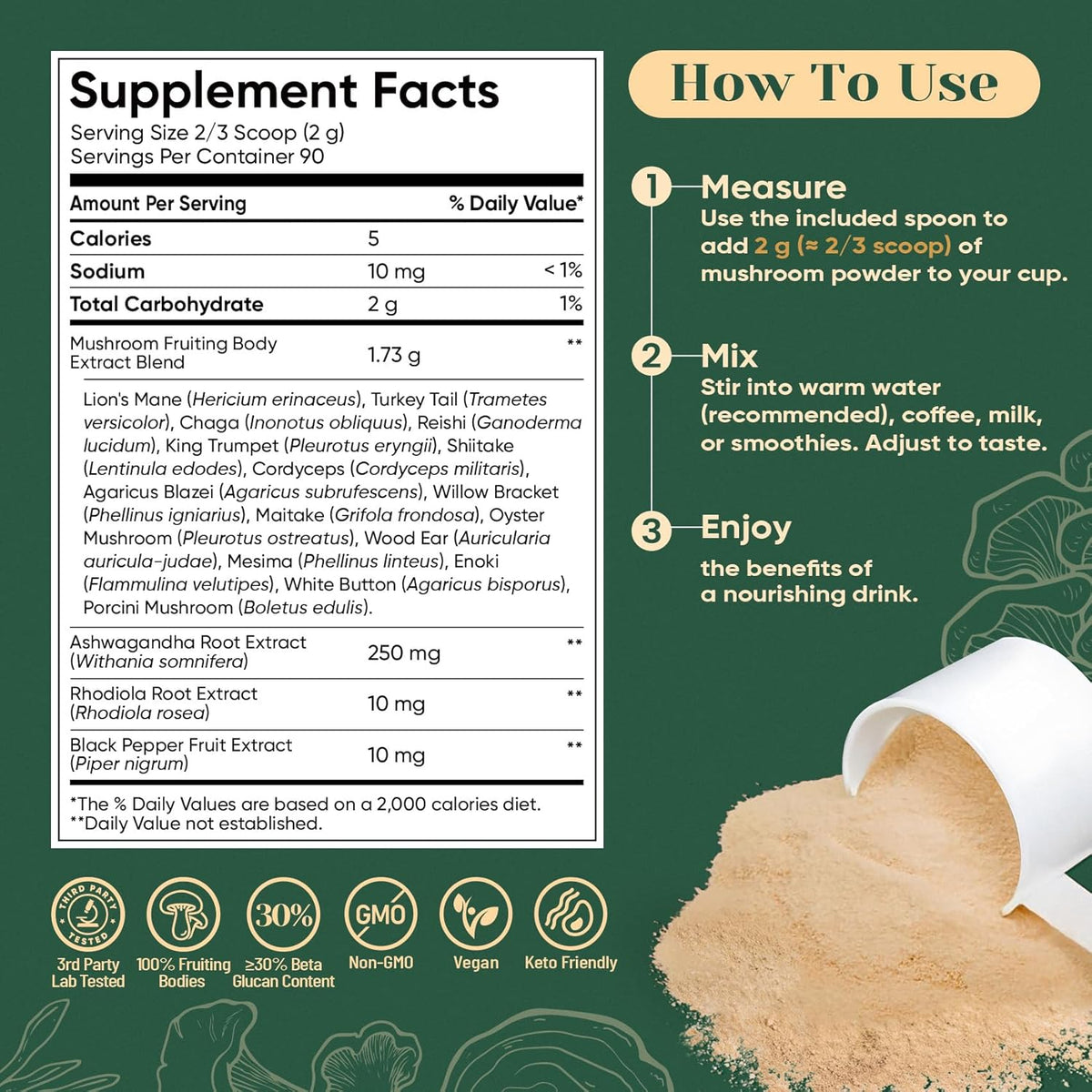 Venture Pal 16 in 1 Mushroom Powder (90 Servings) - 1,557,000mg Mushroom Coffee Alternative with Ashwagandha, Lion’s Mane, Chaga & More | 100% Fruiting Bodies | 10:1 Extract for Immune,Focus & Energy