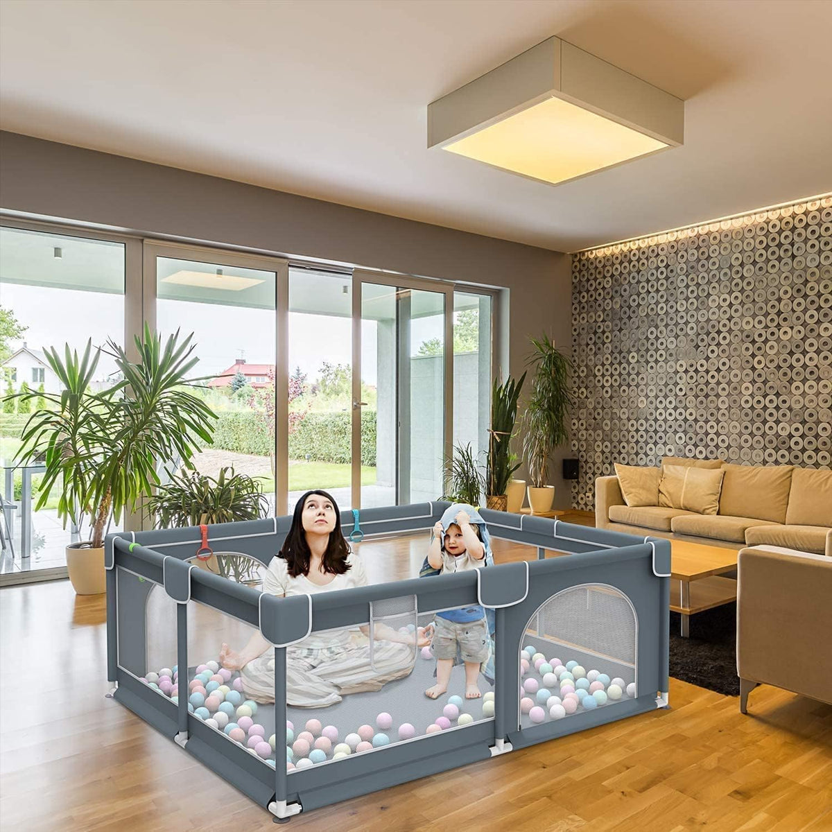 HAOIOPM Baby Playpen for Babies 150 * 180 * 65CM Large Baby Fence,20 Ocean Balls,Gray