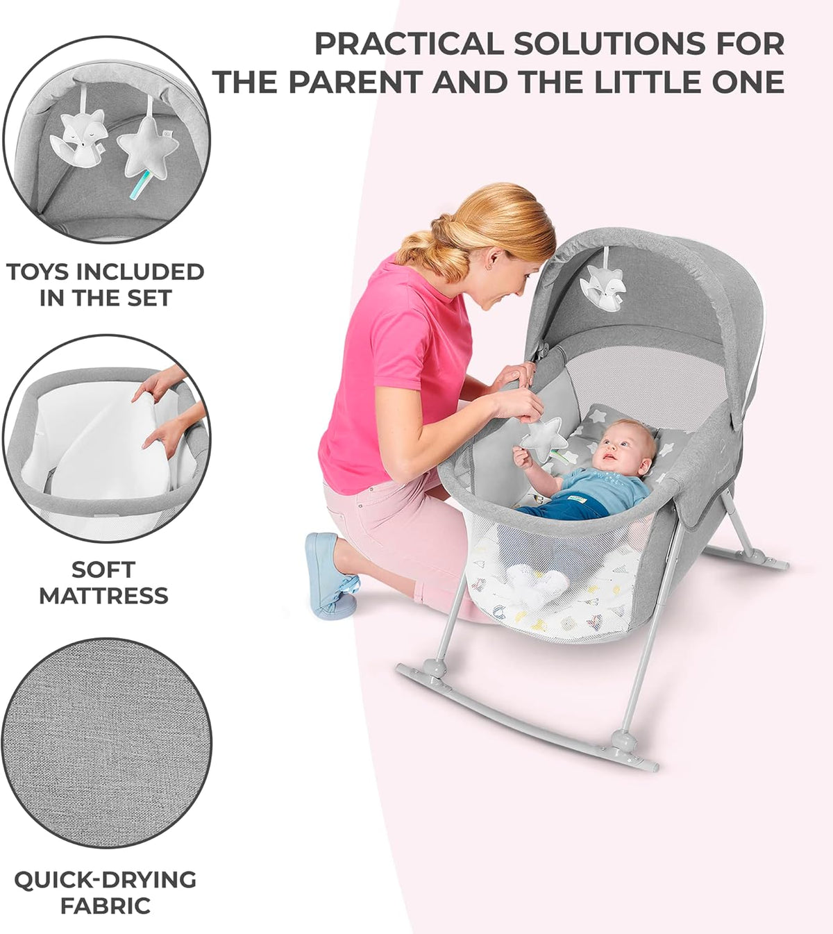 Kinderkraft Baby Crib 3 in 1 LOVI, Cradle, Travel Cot, Rocker, Easy Folding and Unfolding,Gray