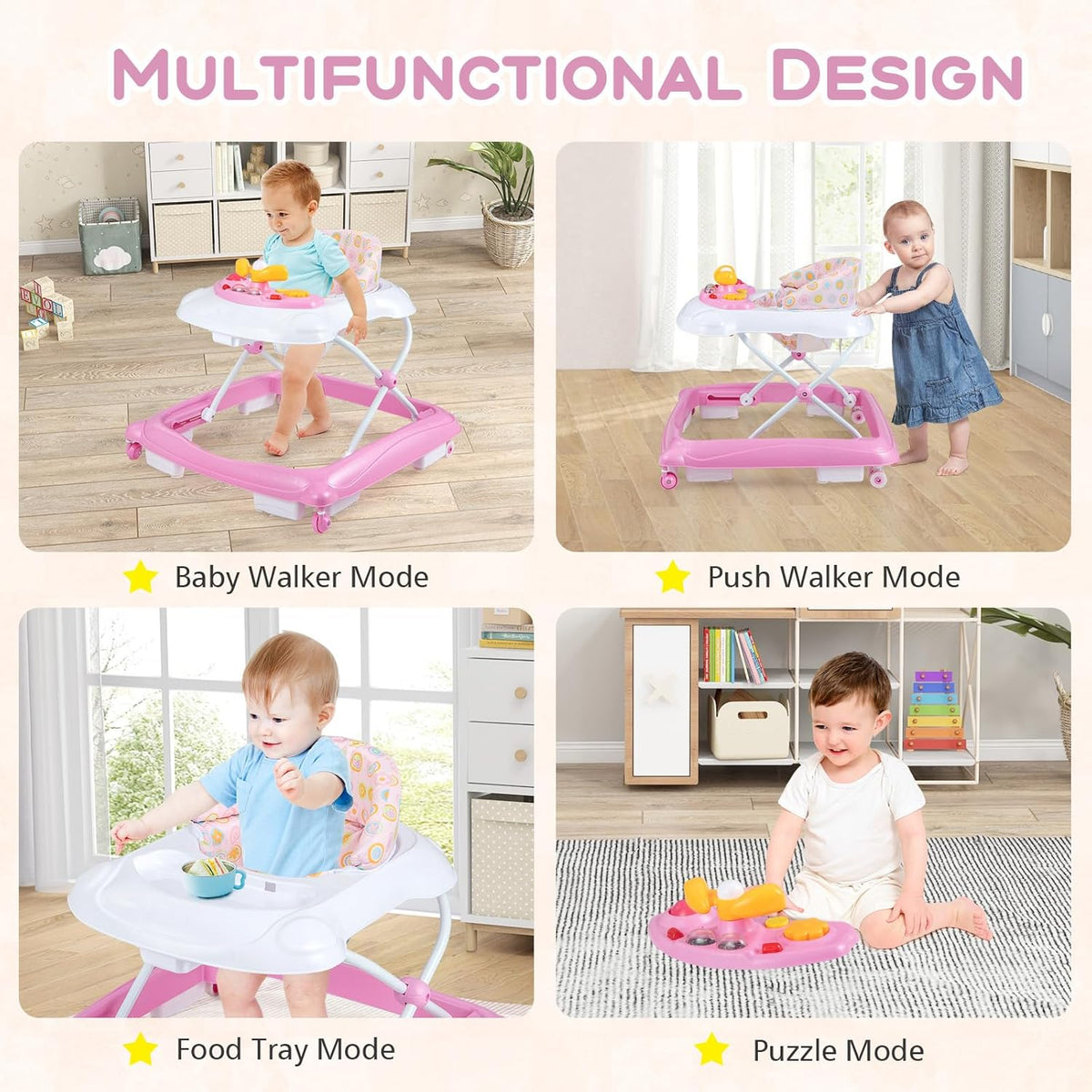 BABY JOY Foldable Baby Walker, Toddler Activity Center Push Walker with 3 Adjustable Heights(Pink)
