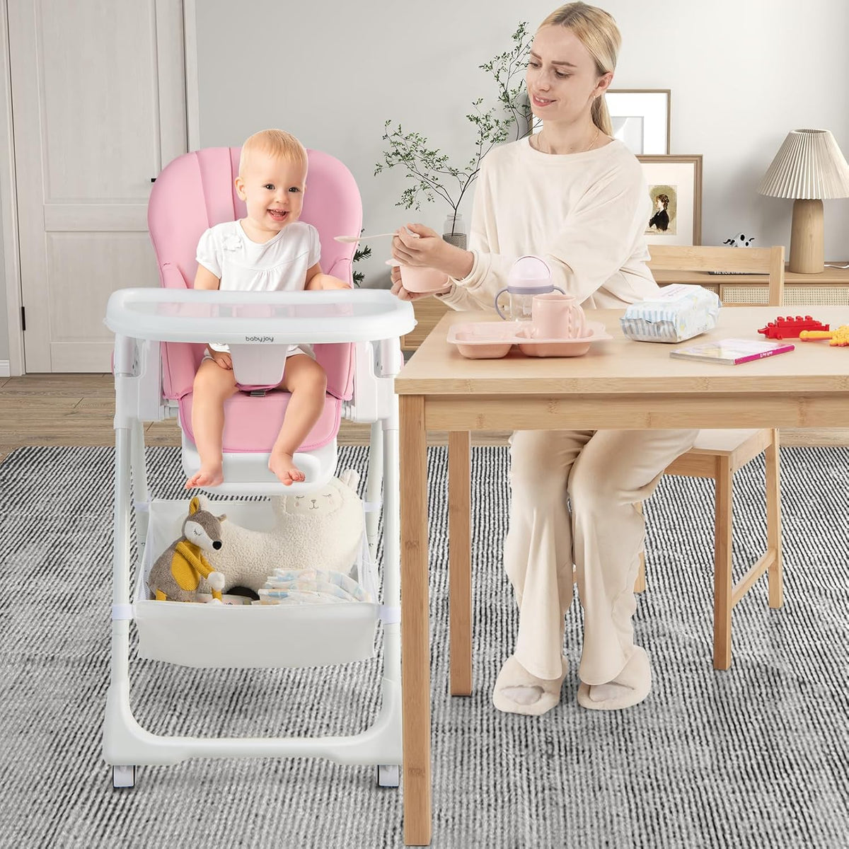 BABY JOY Baby High Chair, Foldable Highchair w/ 7 Heights, 5 Recline Positions (Pink)
