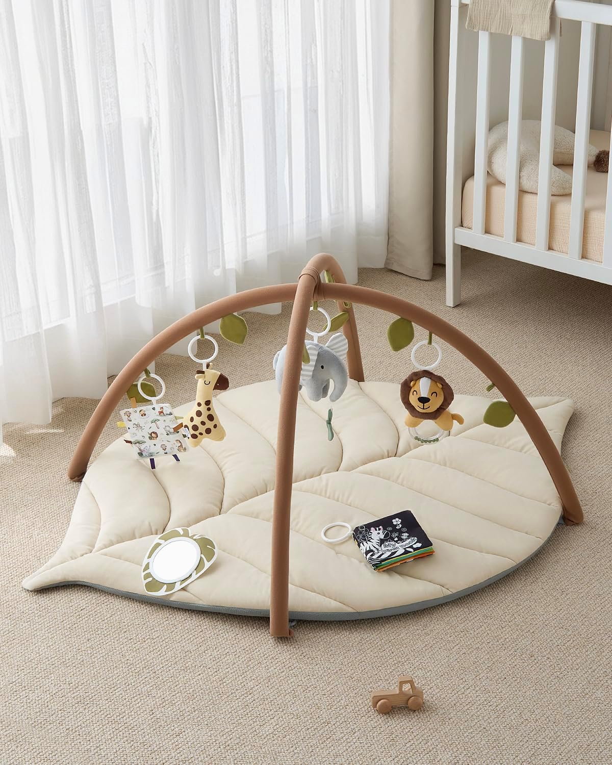 Blissful Diary Baby Play Gym & Activity Mat, Leaf Shaped Baby Tummy Time Play Mat with 6 Detachable Toys, Promotes Motor Skills & Sensory Development, Oatmeal Beige