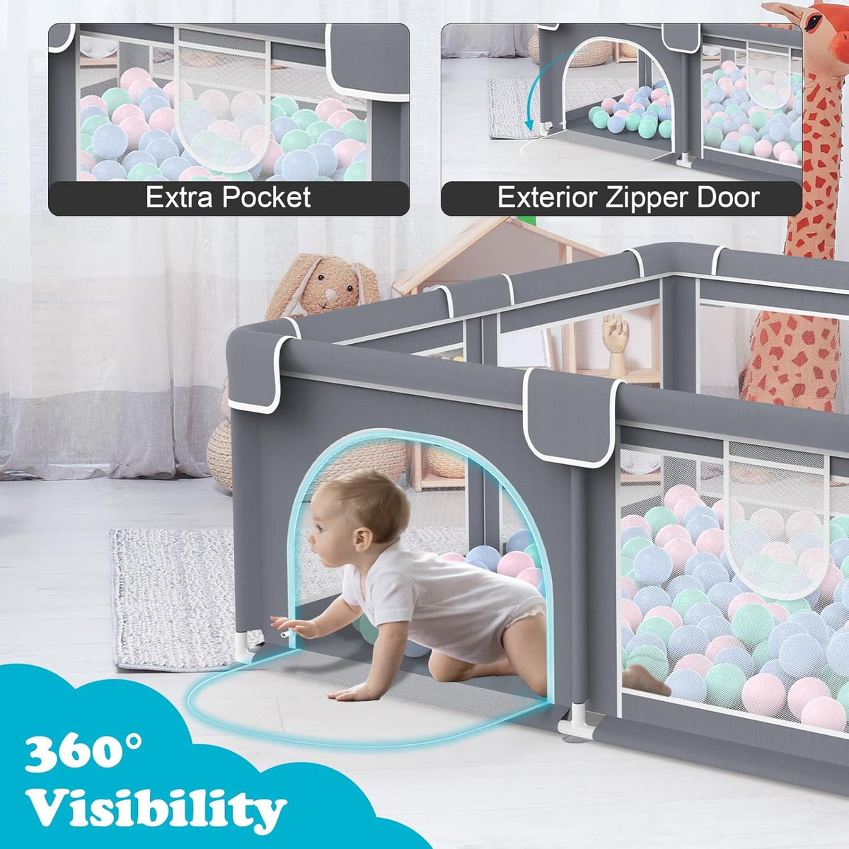 Advwin Baby Playpen 185 × 155cm (Gray)