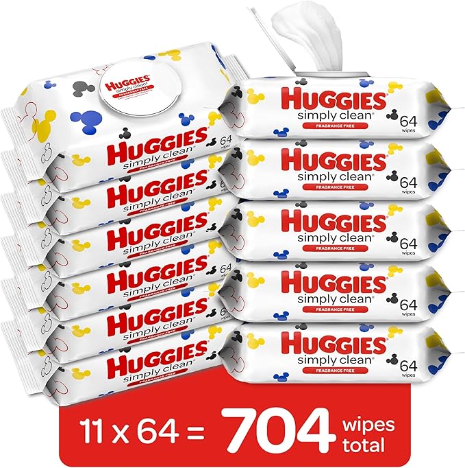 Huggies Simply Clean Unscented Baby Wipes, 11 Flip Lid Packs (704 Wipes Total)