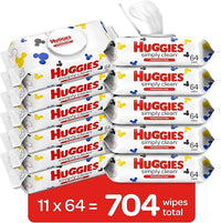 Huggies Simply Clean Unscented Baby Wipes, 11 Flip Lid Packs (704 Wipes Total)