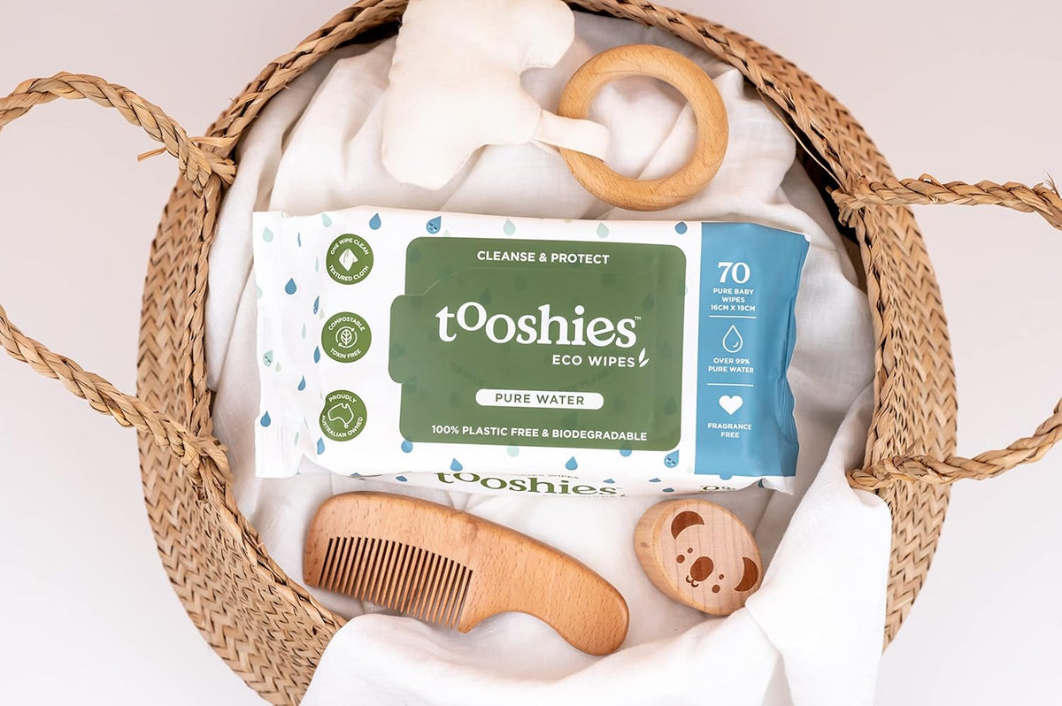 Tooshies Eco Nappies Size 1 Newborn, 104 Count + Biodegradable Nappy Bags 40pk + Water Eco Wipes, Pack of 1120 + Change Mats 10pk