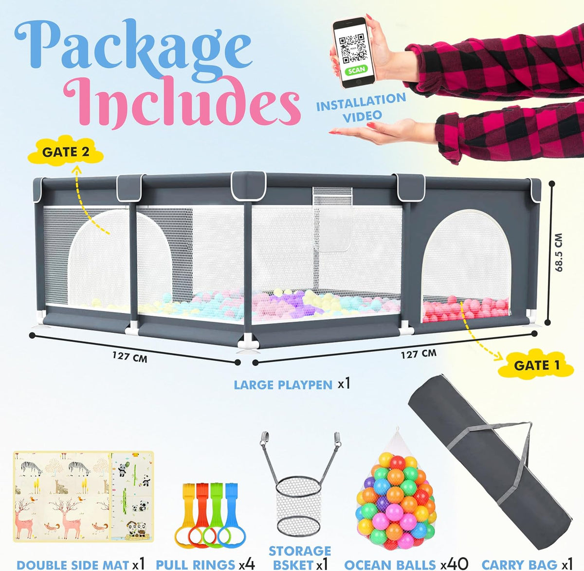 Large Baby Playpen with Foam Playpen Mat 127×127×68 CM-  4 Hand Grips, 40 Balls, Storage Bag and Basket - Grey