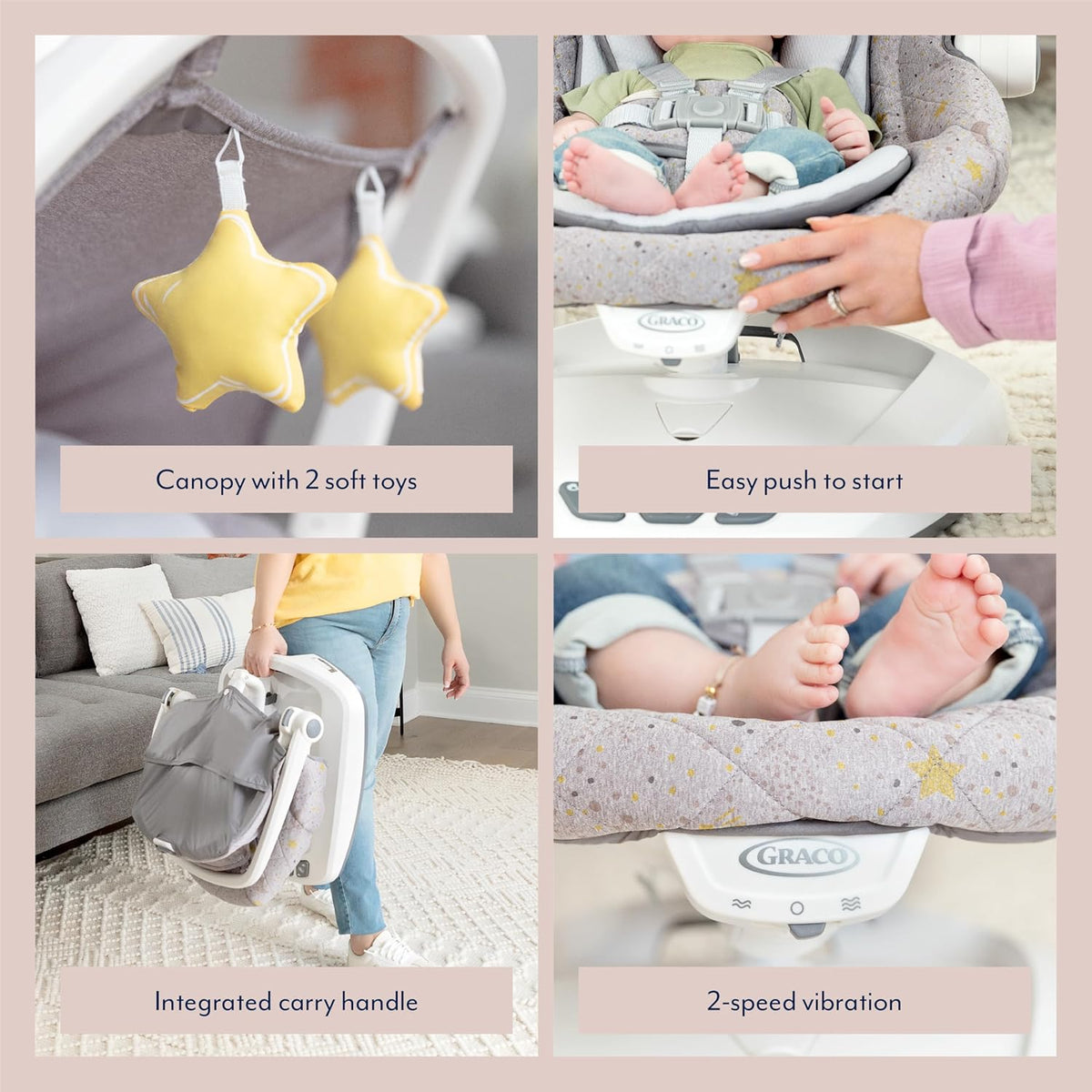 Graco Move with Me Soother with 5 swaying speeds, music, 2 recline positions, 2 vibration settings and folds up for storage. Suitable from birth to approx. 6 months (0-9kgs), Little Adventures