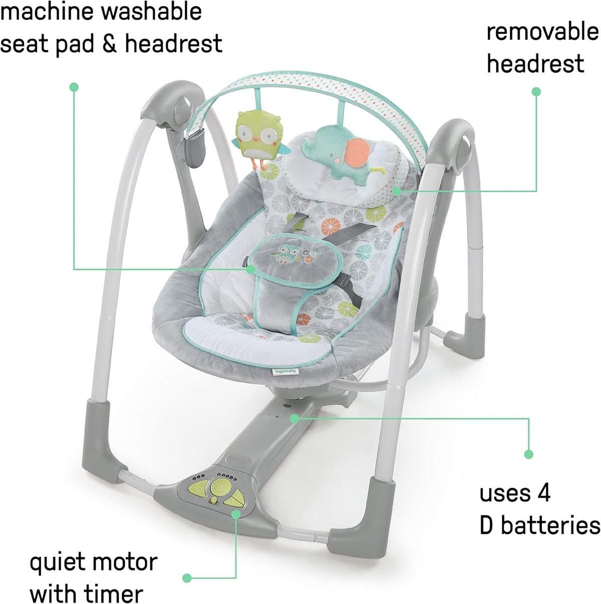 Ingenuity Swing 'n Go 5-Speed Baby Swing - Foldable, Portable, 2 Plush Toys & Sounds, 0-9 Months 6-20 lbs (Hugs & Hoots)
