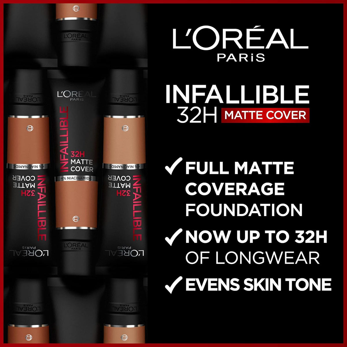 L'Oréal Paris Make-up, waterproof and long-lasting, matting, liquid foundation with high coverage, formula with 4% niacinamide, infaillible 32H matte cover, no. 350 warm, 1 x 30 ml