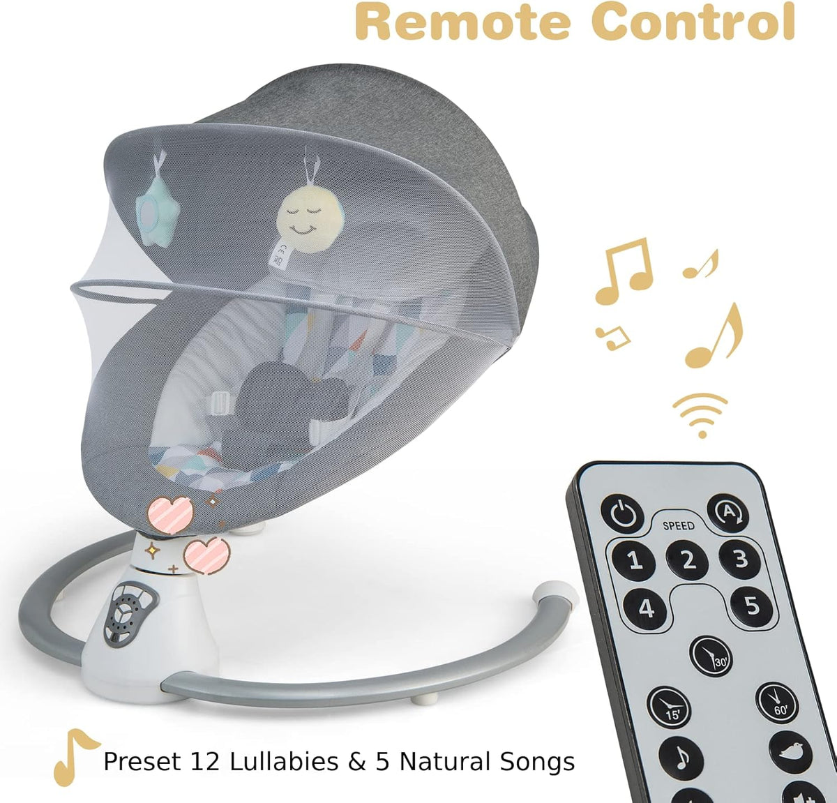 GYMAX Electric Baby Rocker, Toddler Automatic Bouncer 5 Swinging Amplitudes, Remote Control and Timing Function, Portable Newborn Rocking Chair (Gray)