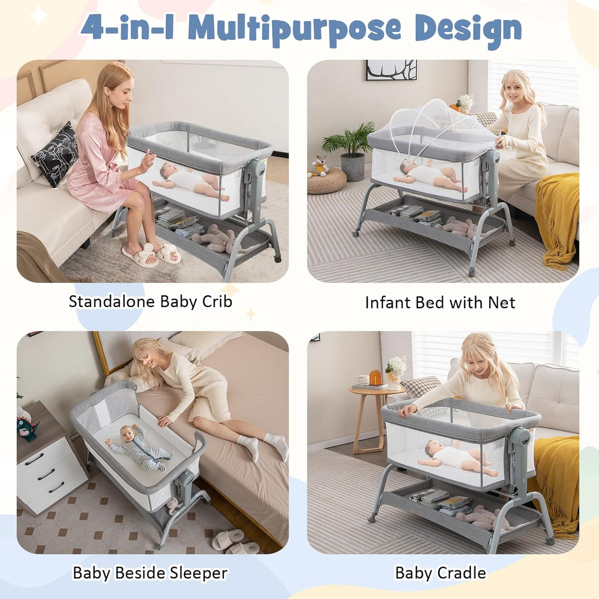 BABY JOY 4 in 1 Baby Bassinet with Mattress, Baby Bedside Sleeper w/Rocking Mode, 6 Adjustable Height, Mosquito Net & Lockable Wheels, Portable Baby Cradle Travel Crib w/Carry Bag (Light Grey)