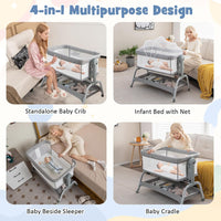 BABY JOY 4 in 1 Baby Bassinet with Mattress, Baby Bedside Sleeper w/Rocking Mode, 6 Adjustable Height, Mosquito Net & Lockable Wheels, Portable Baby Cradle Travel Crib w/Carry Bag (Light Grey)