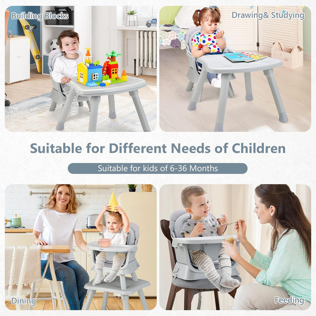 INFANS 8 in 1 Baby High Chair, Convertible Highchair for Babies and Toddlers (Grey)