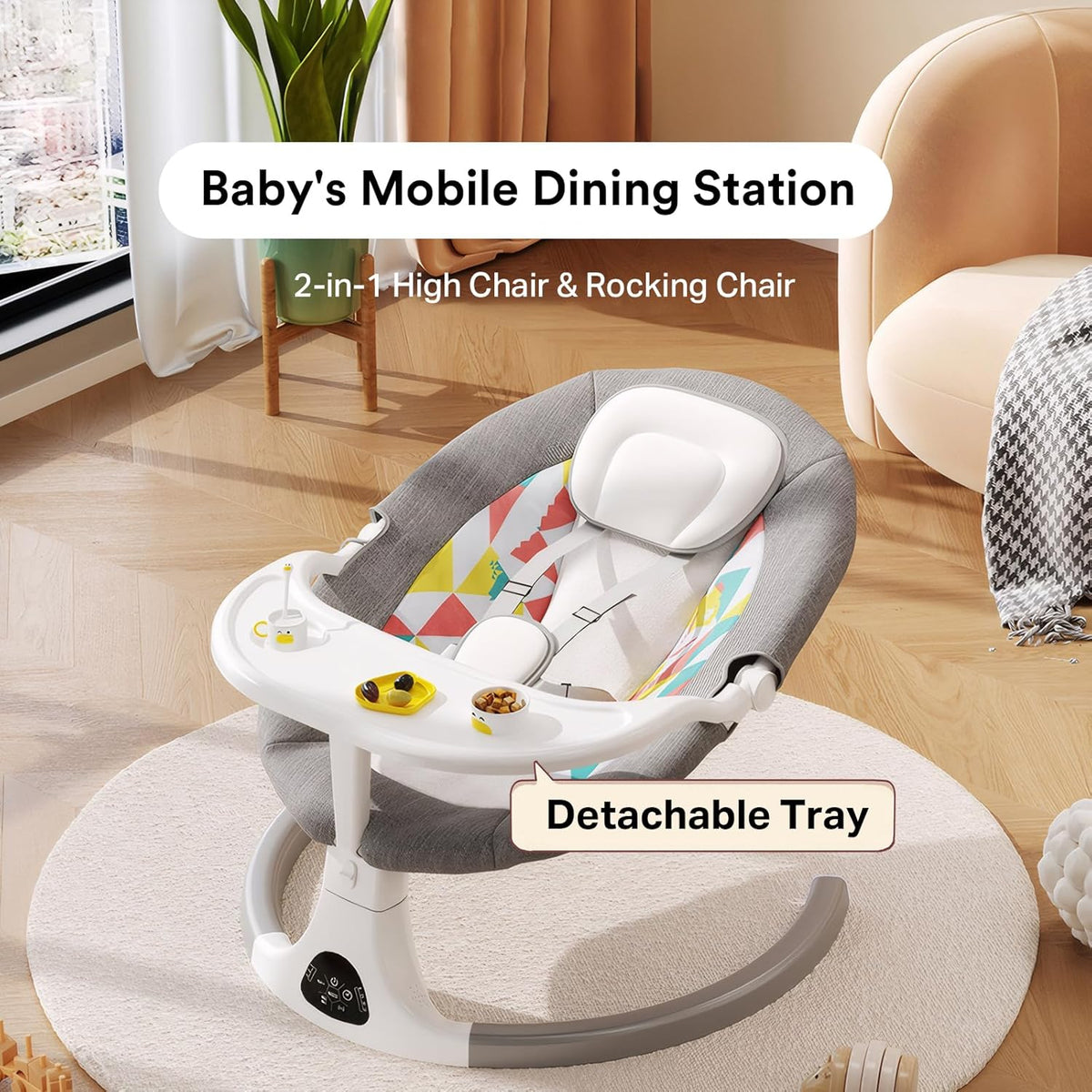 OKUYOSHI Baby Swing with Dinner Tray, New Born Baby Rocker Chair with 3 Timing, 5 Sway Angles (Pink)