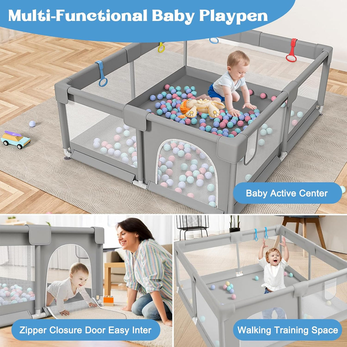 Baby Playpen 180 x 150CM, Extra Large Baby Play Pen for Babies and Toddlers, Baby Fence Play Pens Indoor & Outdoor Activity Center with Ocean Balls and Pull Rings