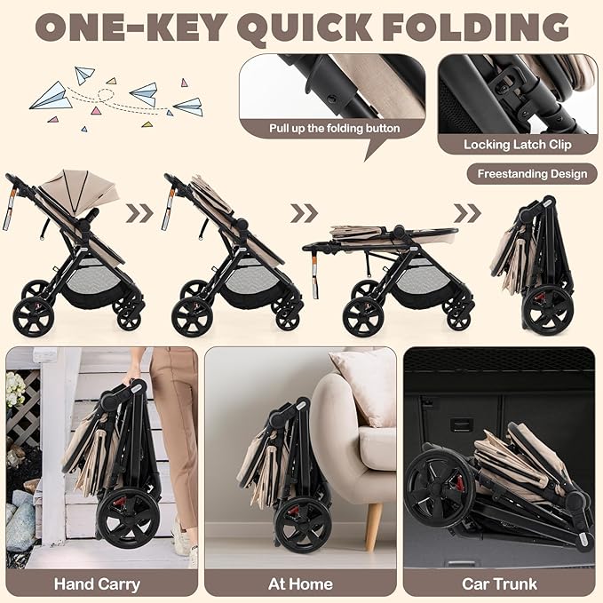 High Landscape Baby Stroller, 2 in 1 Convertible Baby Pram Jogger with Adjustable Canopy & Backrest