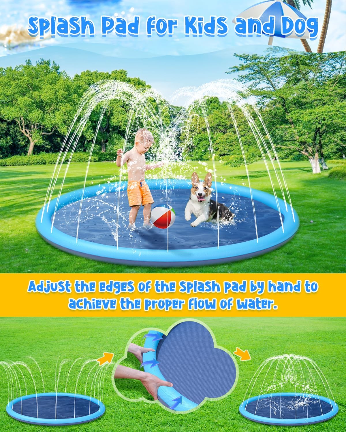 YSJILIDE Splash Pad for Kids and Dog, Non-Slip Large Sprinkler Splash Play Mat, 59"