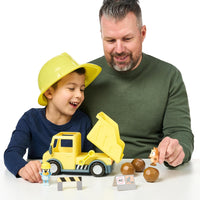 Bluey's Dump Truck, with Load and Unload Feature, Get Some Work Done with Exclusive Hard-Hat Bluey and Muddy Bingo