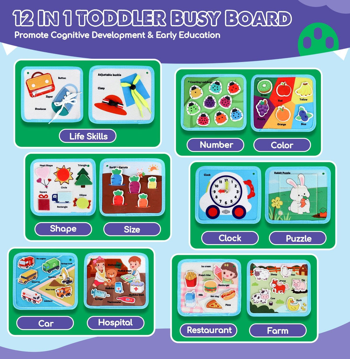 Busy Board, Baby Toys Busy Book for Toddlers 1-3, Dinosaur Sensory Books 6 Page