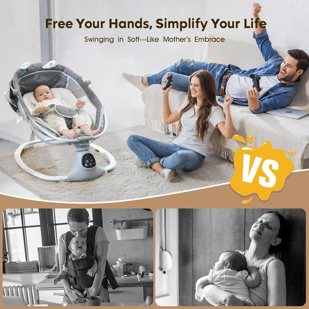 Electric Baby Swing for Infants to Toddler, Portable Swing Baby Rocker with 5 Point Harness, Grey