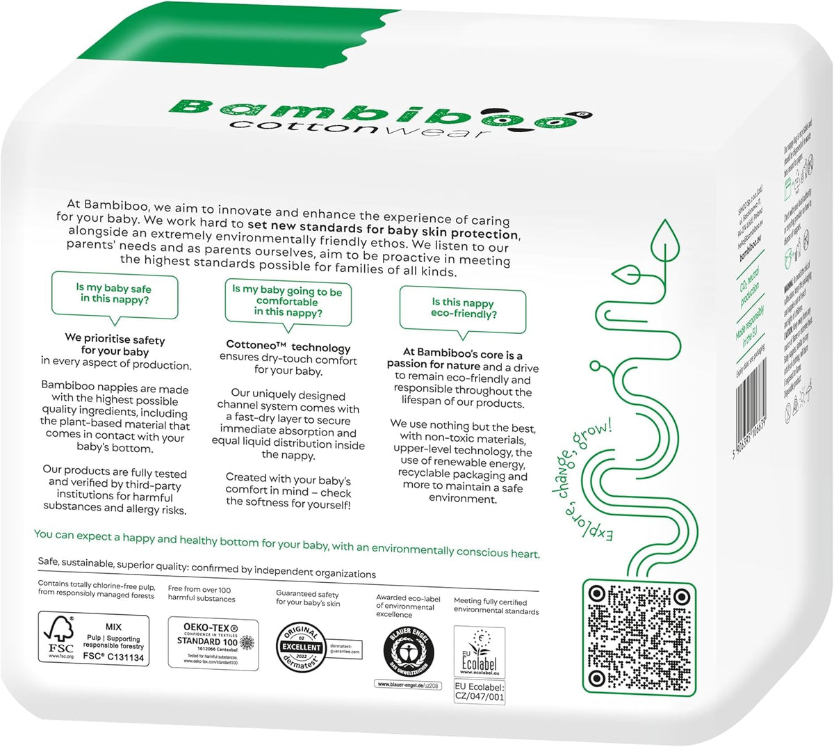 Bambiboo COTTONWEAR Baby Nappies Size 1 Newborn (2-4 kg) Baby Disposable Nappies with Organic Cotton and Botanicals with Navel Cut-Out - 3 x 28 (Pack of 84)